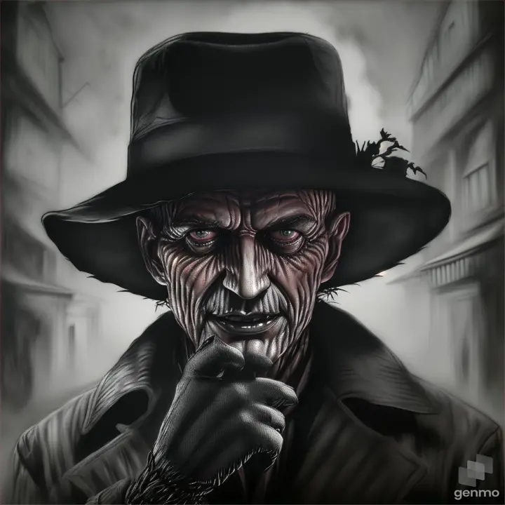 Frederick Krueger Nightmare on Elm Stree Standing t. With his lucky cross stripes, his glove similar to those of a leather baseball with the steel blades that come out of the glove and his fedora hat, he observes with his burned face full of scars and his eyes wide open like crazy Talking to him demon Satan in hell terrifying Freddy watches from behind as SlasHalloween style atmosphere in charcoal drawing with Screch effect general plane