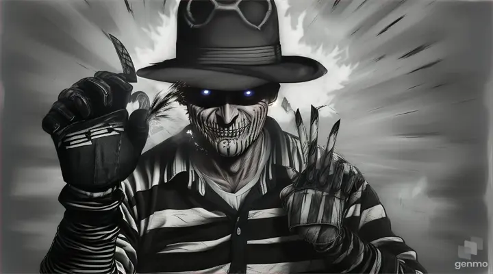 Frederick Krueger Nightmare on Elm Stree Standing t. With his lucky cross stripes, his glove similar to those of a leather baseball with the steel blades that come out of the glove and his fedora hat, he observes with his burned face full of scars and his eyes wide open like crazy Talking to him demon Satan in hell  terrifying Freddy watches from behind as SlasHalloween style atmosphere in charcoal drawing with Screch effect general plane 