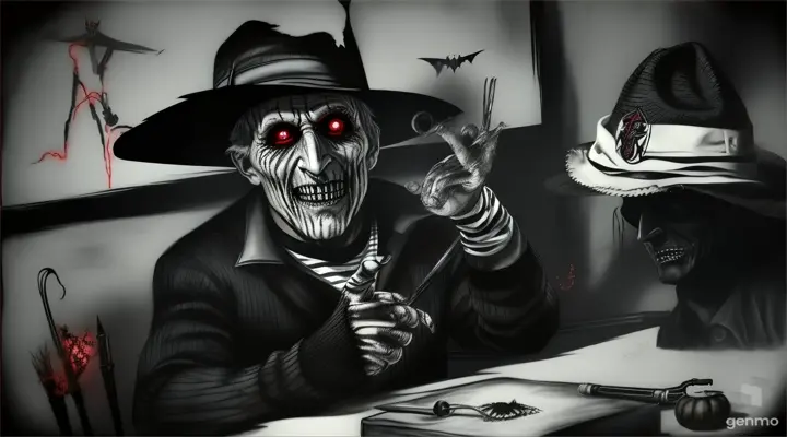 Frederick Krueger Nightmare on Elm Street stands in his striped pullover sweater, his glove resembling a leather baseball with the steel blades coming out of the glove, and his fedora hat, looking on with his burned face full of scars and his eyes wide open like crazy talking with the devil Satan in hell Halloween style atmosphere in charcoal drawing with Screch effect in long shot