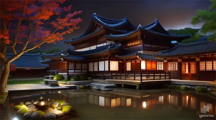 A traditional Korean hanok is shown under the lights at night. It features wooden eaves and dark ceilings in the foreground, and a cobbled path and stepping stones leading to the entrance of the house, which is surrounded by well-maintained shrubs and trees. In the center is a garden with a small pond and flowers. The hanok has sliding doors, white walls, and a dark tiled roof, with warm light coming from inside. The sky is dark and no moon or stars are visible.