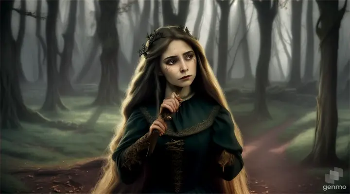 the witch grabbed Rapunzel and held a knife to her neck. Rapunzel cried as the witch dragged her away into the dark forest.
