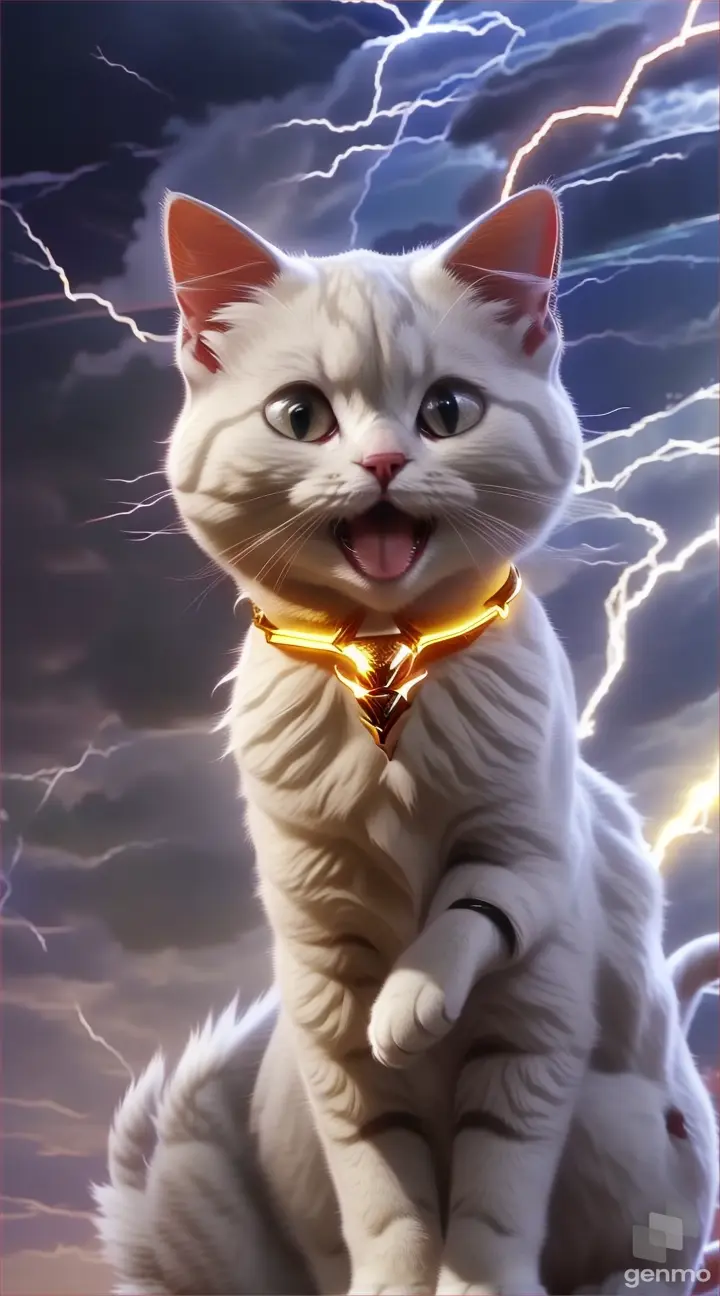 a white cat with a yellow collar and lightning in the background