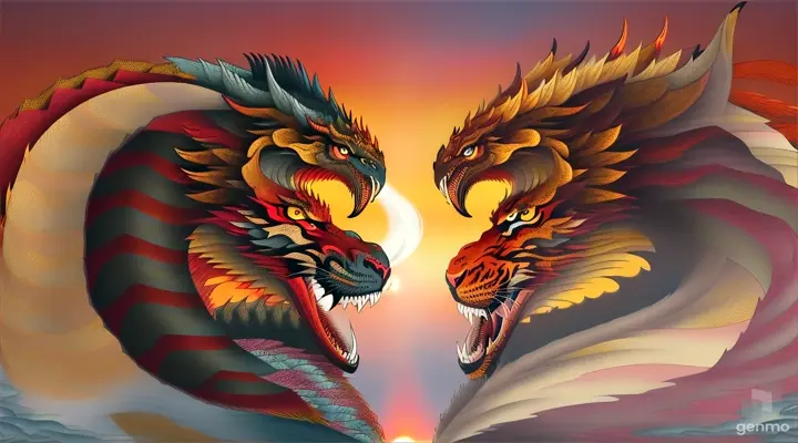 Detailed battle between dragon and tiger with vivid descriptions of their appearance. with shimmering scales that reflect the colors of the sunset.