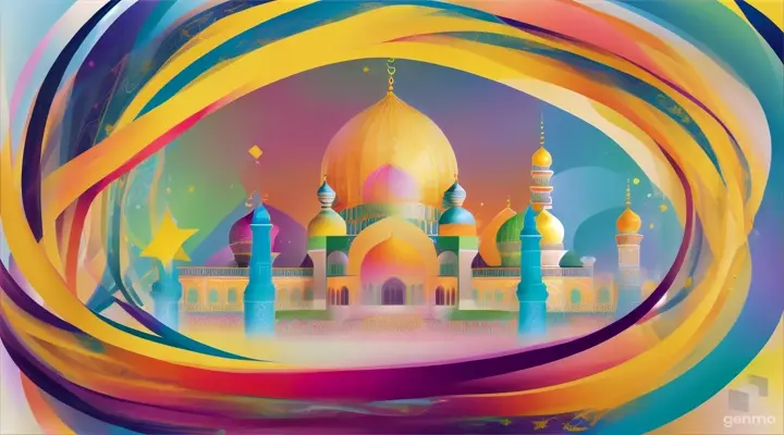 Generate an announcement for Eid Al-Fitr, incorporating the joyous spirit of the celebration with 2 base soft colors weaving through the message. Mention the significance of the mosque in the festivities to add cultural context and depth to the announcement for Eid Al-Fitr. (no watermark, no text), Best Quality, masterpiece, art of work