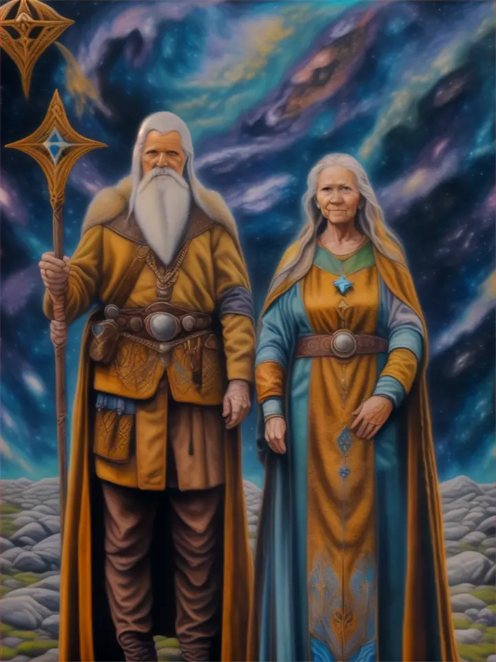 a painting of two people standing next to each other