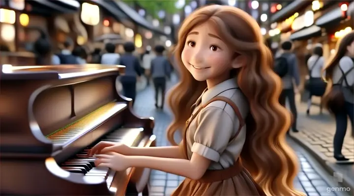 A young beautiful girl with long hair, full body,the girl smiles and plays the piano on the streets of Omotesando, Tokyo