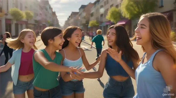 Dew junto a un grupo de amigos, todos riendo y jugando felices en las calles del barrio. Los colores son brillantes y hay una sensación de alegría en la escena.