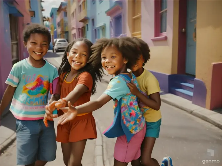 niño junto a un grupo de amigos, todos riendo y jugando felices en las calles del barrio. Los colores son brillantes y hay una sensación de alegría en la escena.