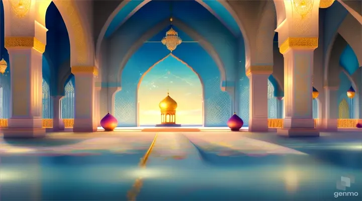 Create an animation celebrating Eid-Al-Fitr featuring a serene mosque backdrop in soft base colors. Capture the essence of the joyous celebration in a moving visual representation.(no watermark, no text), Best Quality, masterpiece, art of work