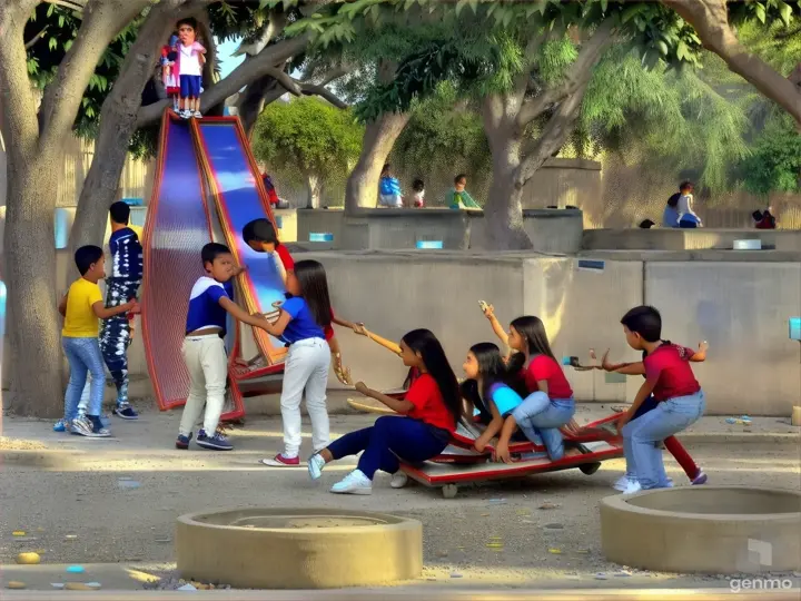 niño junto a un grupo de amigos, todos riendo y jugando felices en las calles del barrio. Los colores son brillantes y hay una sensación de alegría en la escena.