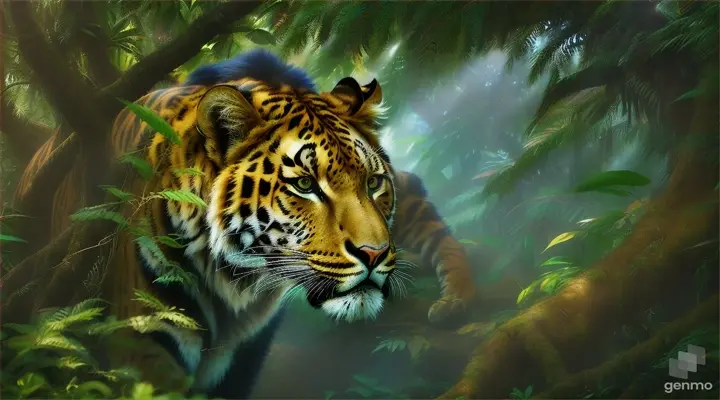 a orange and blue leapord mixed with and unknown lion  and tiger species in rainforest. Far perspective.orange 