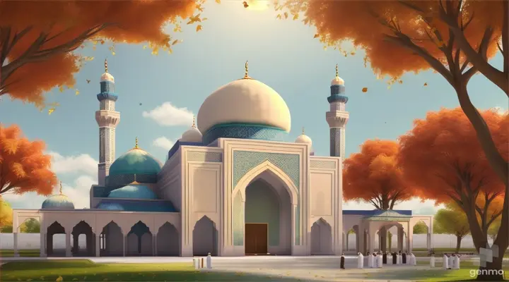 Create an animation celebrating Eid-Al-Fitr featuring a serene mosque backdrop in soft base colors. Capture the essence of the joyous celebration in a moving visual representation.(no watermark, no text), Best Quality, masterpiece, art of work