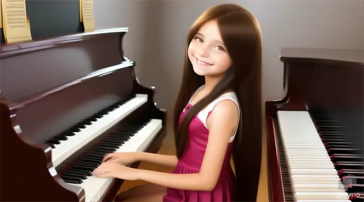 A young beautiful girl with long hair, full body,the girl smiles and plays the piano.