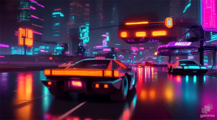 Cars driving through a futuristic city at night, neon lights reflecting off wet pavement