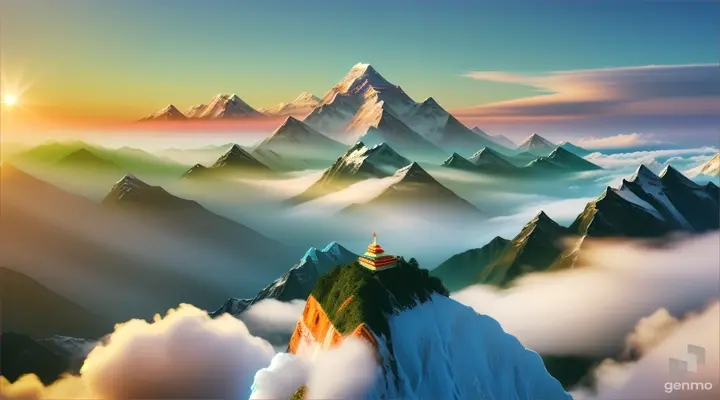 A 3D CGI rendering of Mount Everest at sunrise, with a vibrant green marijuana cigarette held aloft among the swirling clouds