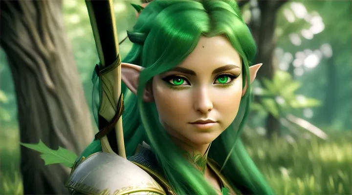 Beautiful female Elf with green hair, wearing a warrior outfit resembling green leaves, is on a tree about to shoot arrows at animals, 3d anime, 8k, 4k