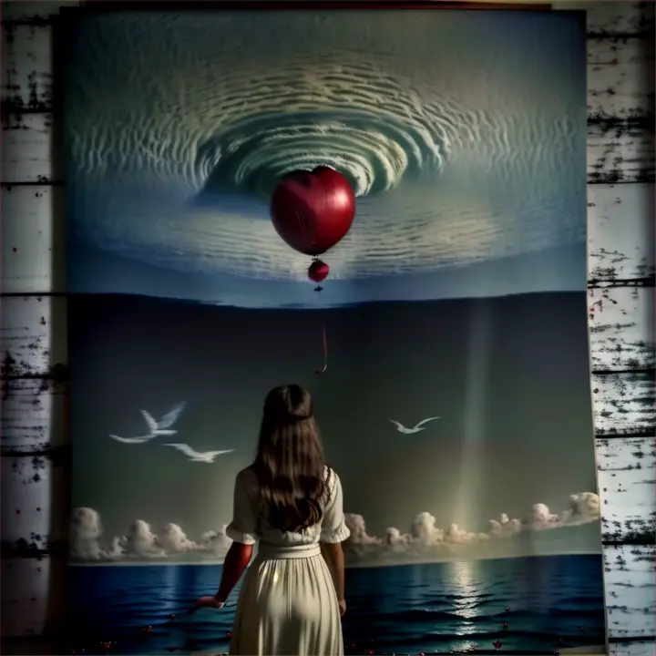 a woman standing in front of a painting of a red balloon