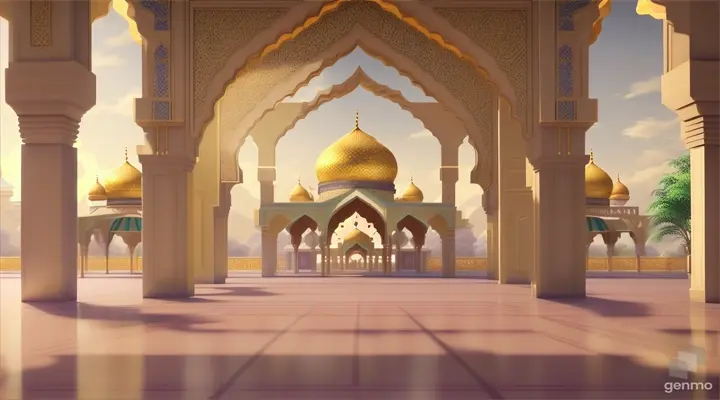 Generate an animation celebrating Eid-Al-Fitr featuring a serene mosque backdrop in soft base colors. Capture the essence of the joyous celebration in a moving visual representation.(no watermark, no text), Best Quality, masterpiece, art of work