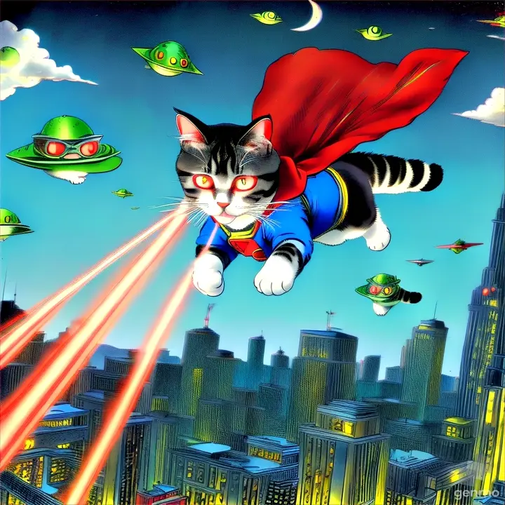 a cat flying through the air while wearing a red cape