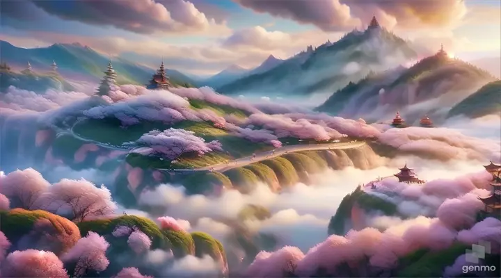 Beautiful Peach Blossom Land, Peach Blossom Forest, Clouds and Mist