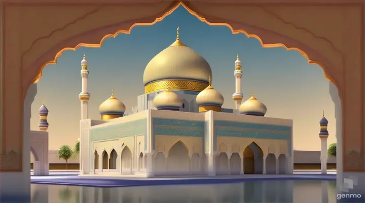 Generate an animation celebrating Eid-Al-Fitr featuring a serene mosque backdrop in soft base colors. Capture the essence of the joyous celebration in a moving visual representation.(no watermark, no text), Best Quality, masterpiece, art of work