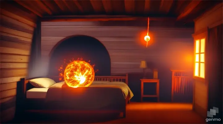 a supernatural ball of fire, inside an old wooden house, man sleeps