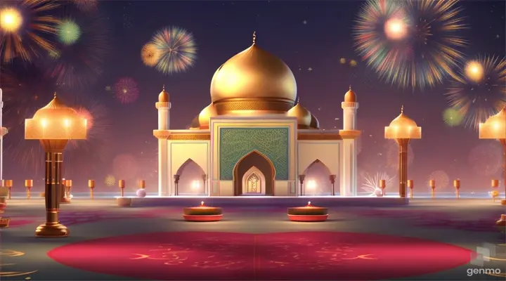 Generate an animation celebrating Eid-Al-Fitr featuring a serene mosque backdrop in soft base colors. Capture the essence of the joyous celebration in a moving visual representation.(no watermark, no text), Best Quality, masterpiece, art of work