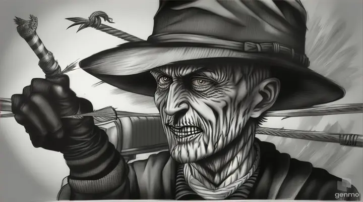 “Frederick Krueger Nightmare on Elm Street stands in his striped pullover sweater, his glove resembling a leather baseball with the steel blades coming out of the glove, and his fedora hat, looking on with his burned face full of scars and his eyes wide open like crazy talking with the devil Satan in hell Full of rivers of lava and sulfur, the devil carries his trident, a shirtless man with a goatee and mustache, pointed ears, dark soulless eyes, sharp teeth, an aquiline nose, skinny but muscular, a tail It moves at the end of its back It has horns similar to a Pan and hooves It looks at Freddy with disdain Halloween style atmosphere in charcoal drawing with Screch effect in long shot”