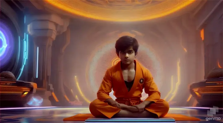 A young hindu boy wearing orange dress in lotus style sitting, bright फेसबुक,in respect 16:9 sci fi