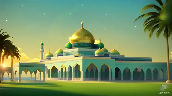 Generate an animation celebrating Eid-Al-Fitr featuring a serene mosque backdrop in soft base colors. Capture the essence of the joyous celebration in a moving visual representation.(no watermark, no text), Best Quality, masterpiece, art of work