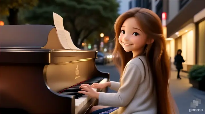 A young beautiful girl with long hair, full body,the girl smiles and plays the piano on the streets of Omotesando, Tokyo