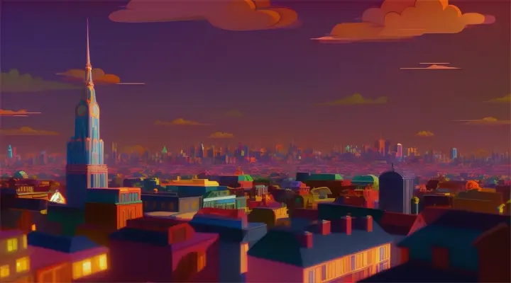 A view of a city skyline from the rooftops, stylized in Pixar 3D with a cartoony aesthetic