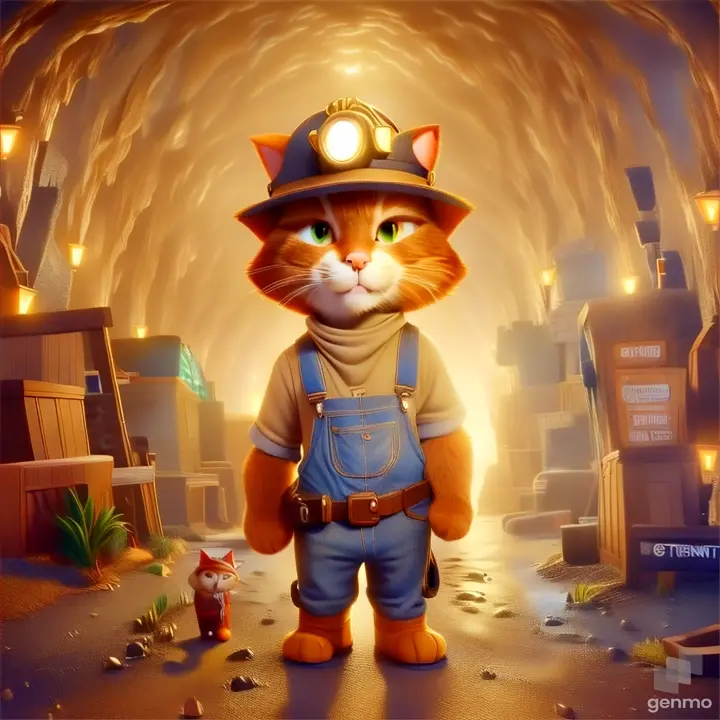 a cat in overalls and a fireman's hat standing in a tunnel