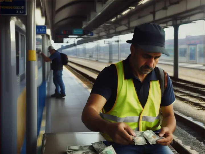 bulgarischer Bauarbeiter zählt Bargeld am Bahnhof