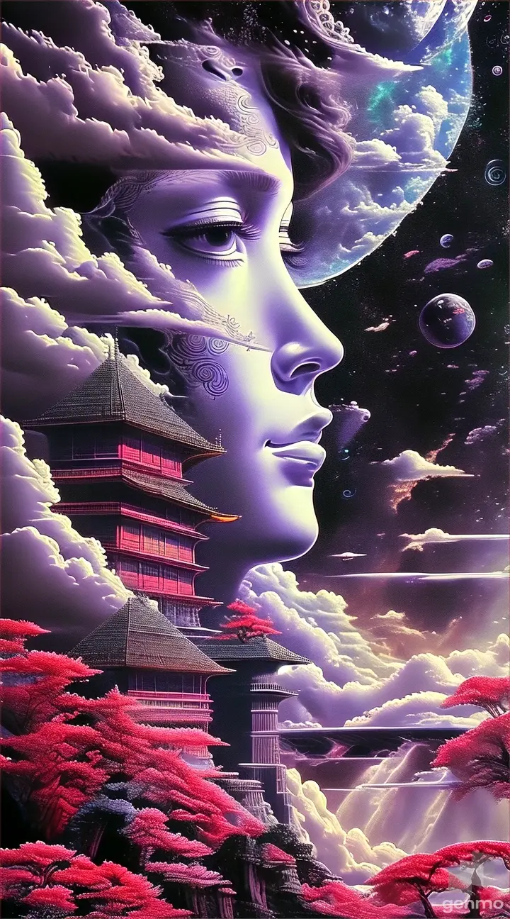 a painting of a man's face surrounded by clouds