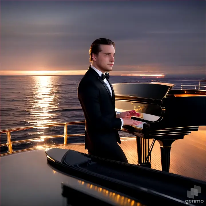 
cinematic, photographing a beautiful shiny golden grand piano, standing on the deck of a white sea yacht, singer and composer Yegor Creed sitting at the piano, dressed in a black tailcoat with a bow tie, against the background of the night, the stars are reflected in the calm sea, the emission on the yacht is reflected in the sea, maximum detail , neon piano lighting