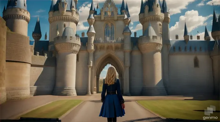 The lighting is bright with some light clouds in the blue sky. Catherine is shown walking on her way to school. like hogwarts legacy, as harry potter