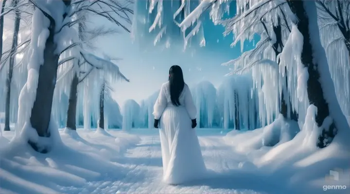 A girl with long black hair in a white dress makes her way through an ice grove (rear view)