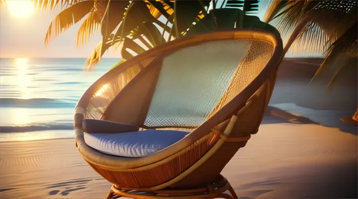 Rattan chair facing an ocean, sun shining through tropical plants