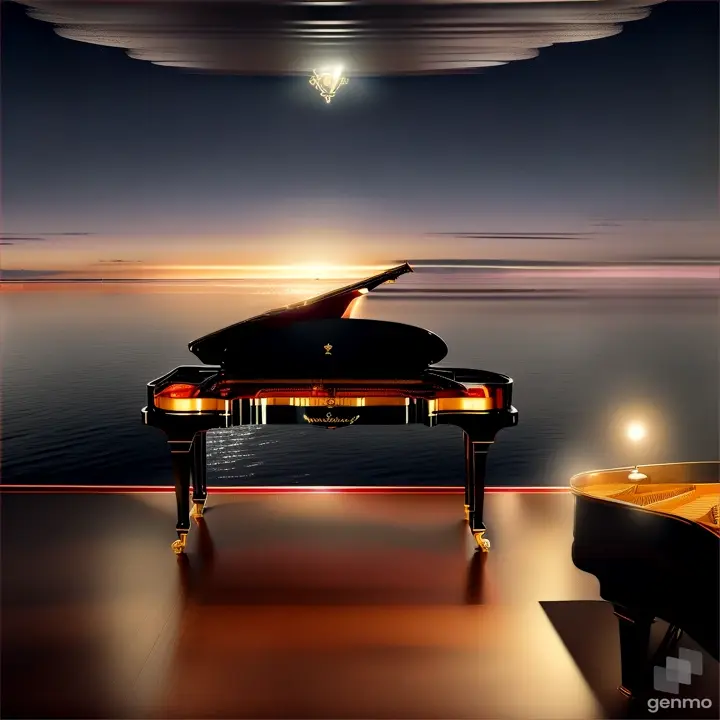 The view from the top is cinematic, photographing a beautiful shiny golden grand piano, standing on the deck of a white sea yacht, singer and composer Anton Belyaev is sitting at the piano, wearing glasses, dressed in a black tailcoat with a bow tie, against the backdrop of a black night, the stars are reflected in the calm sea, emission on yacht reflected in the sea, maximum detail, neon lighting of the piano