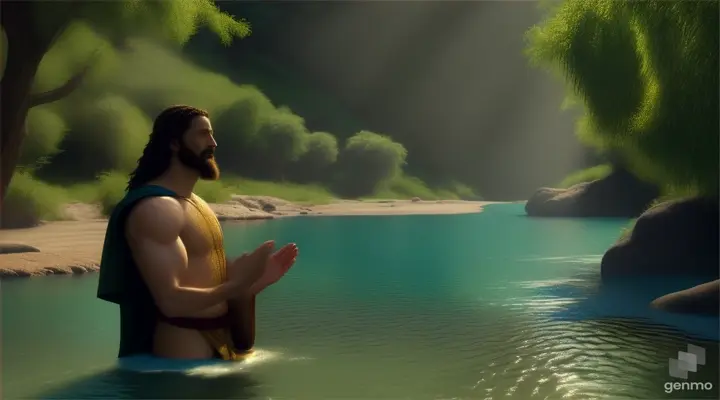 Create a high-quality cinematic scene of John the Baptist explaining: 
I baptize them with water for repentance.