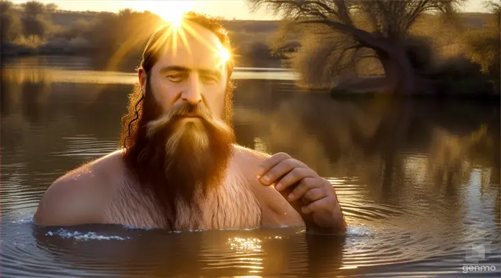 Create a high-quality cinematic scene of John the Baptist explaining: 
I baptize them with water for repentance.