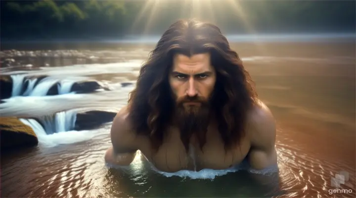 Create a high-quality cinematic scene of John the Baptist explaining: 
I baptize them with water for repentance.