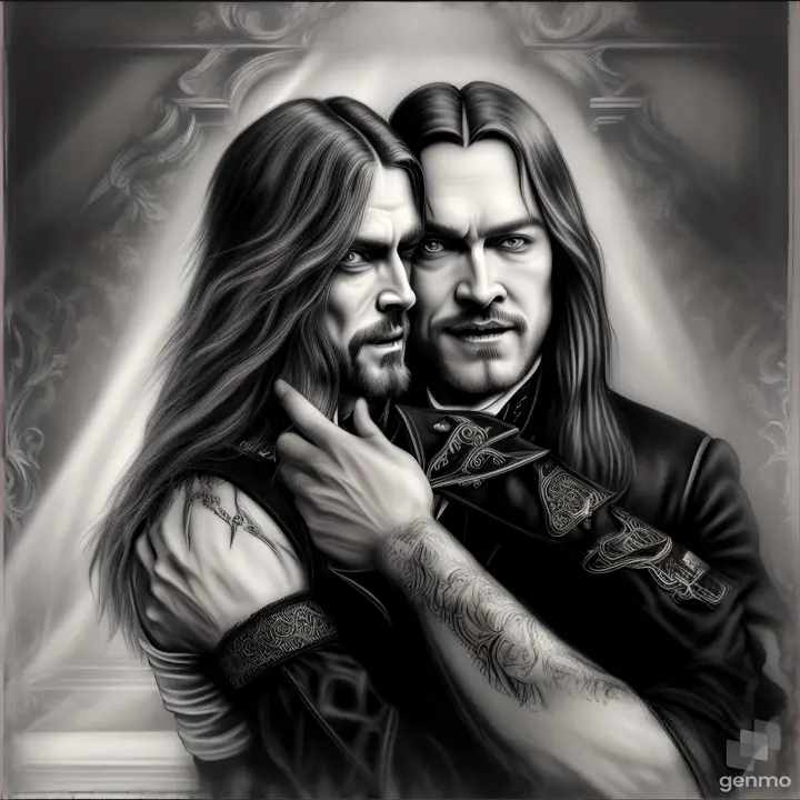 neo-gothic image sketch in charcoal painting postcard Halloween Axl Rose, playing the piano and the vampire Lestat de Lioncourt biting Anastasia's neck while Rasputin smiles next to Satan