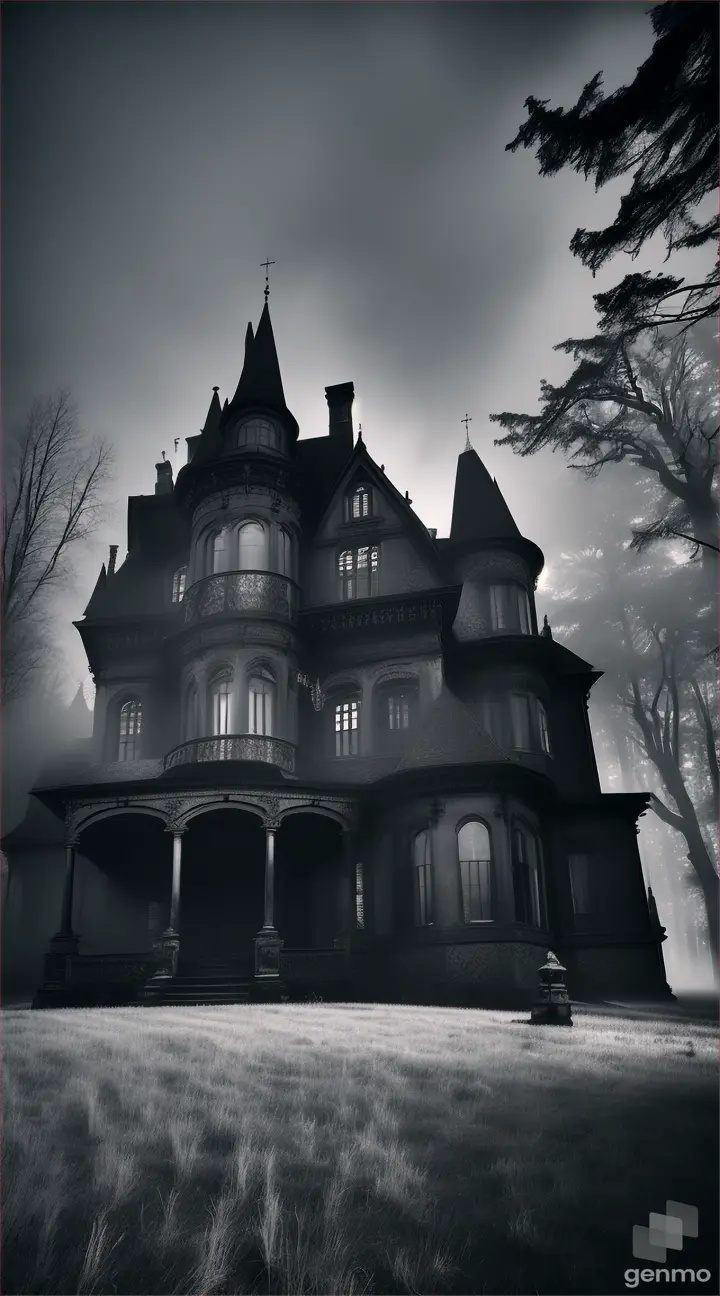 Scene 1:
[Wide shot of the imposing mansion standing alone in the remote countryside, shrouded in mist and shadows.]
