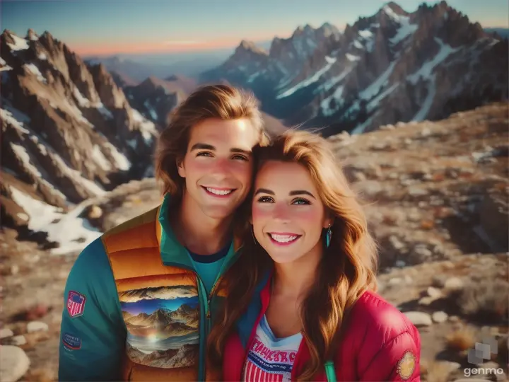 American girl and boy on the mountain young couple