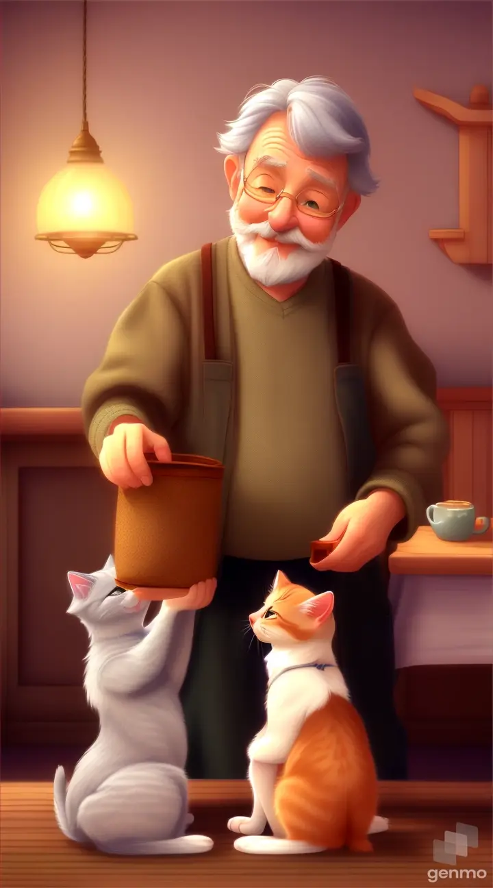 AN ANIMATED OLD MAN IS GIVING FOOD AND MILK TO TWO KITTENS IN A ROOM