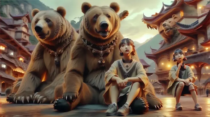 a woman sitting next to a giant bear，Please do not change the original composition characters and colors, add the effect of exhaling hot air to the bear's mouth in the picture, and the little girl's eyes blink slightly