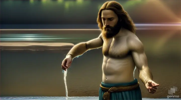 Create a high quality cinematic scene of John the Baptist in the clothing of his time explaining: I baptize you with water for repentance.