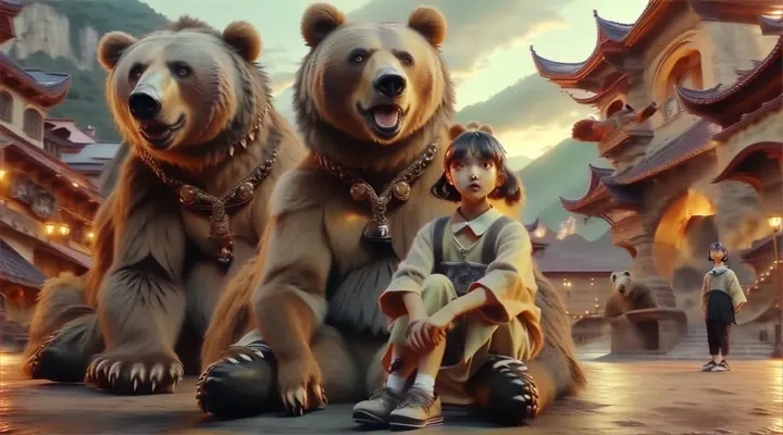 Please do not change the original composition characters and colors, add the effect of exhaling hot air to the bear's mouth in the picture, and the little girl's eyes blink slightly